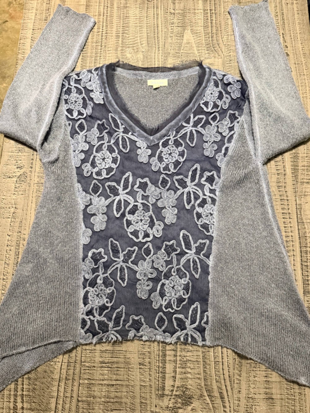 Women's Light Gray V-Neck Sweater with Embroidered Front Panel